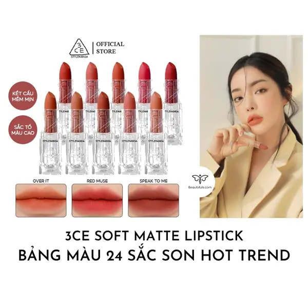 bảng màu son 3ce soft matte lipstick