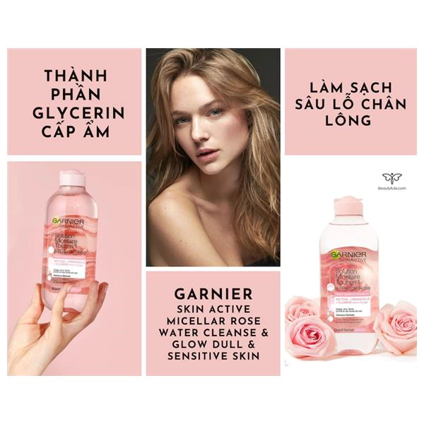 Nước Tẩy Trang Garnier Hoa Hồng Skin Active Micellar Rose Water Cleanse & Glow Dull & Sensitive Skin 