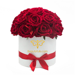 Quà Valentine cho Crush - Hoa Hồng Lụa Màu Đỏ Hộp Tròn Trắng Size L